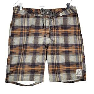 3rd & Army Men's Board Shorts Size 36 Gray Orange Plaid Draw String
